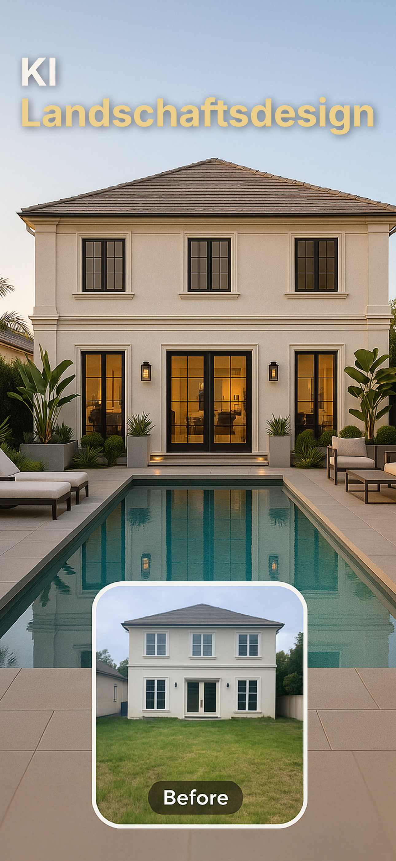 AI Landscaping App-Startbildschirm mit Outdoor-Konzept-Vorschau