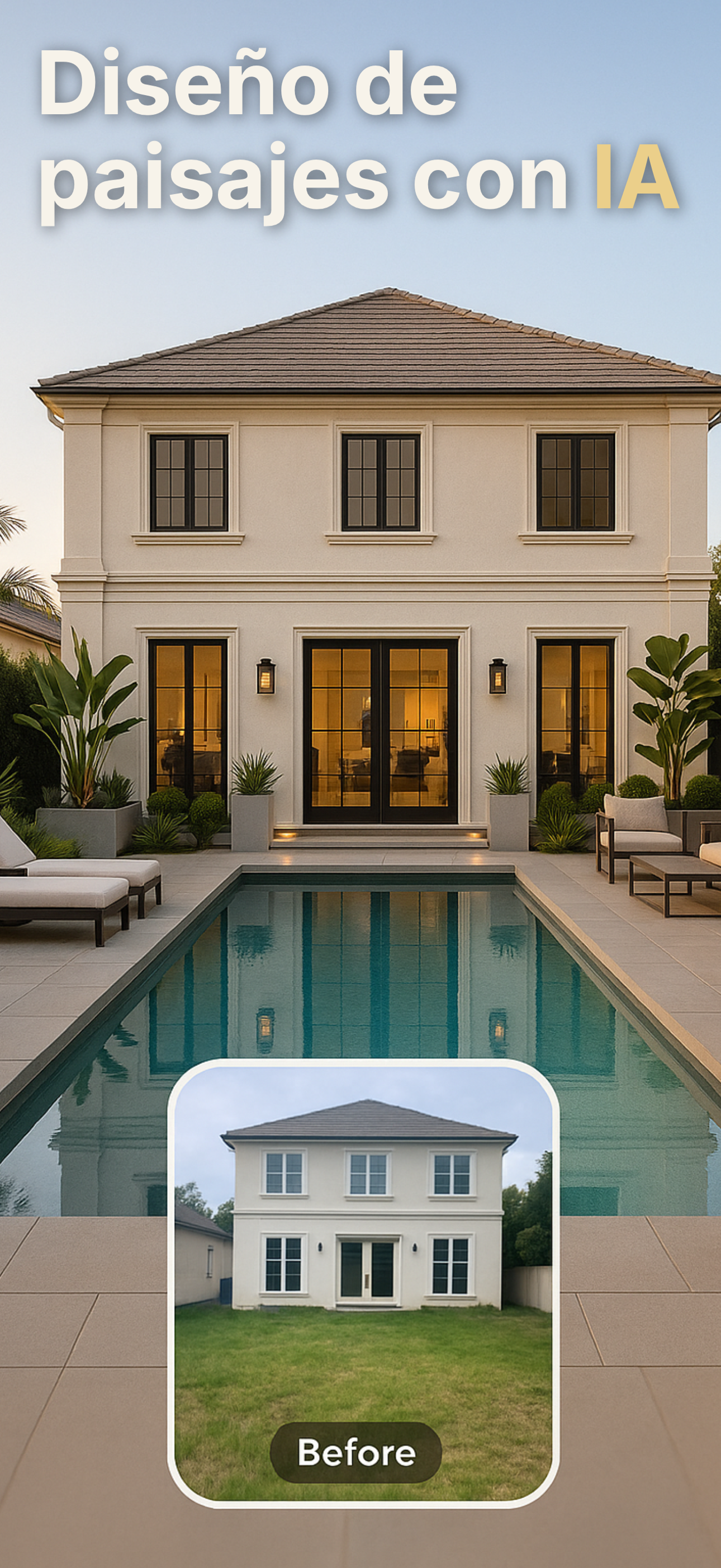 Pantalla principal de la app AI Landscaping con vista previa del concepto exterior