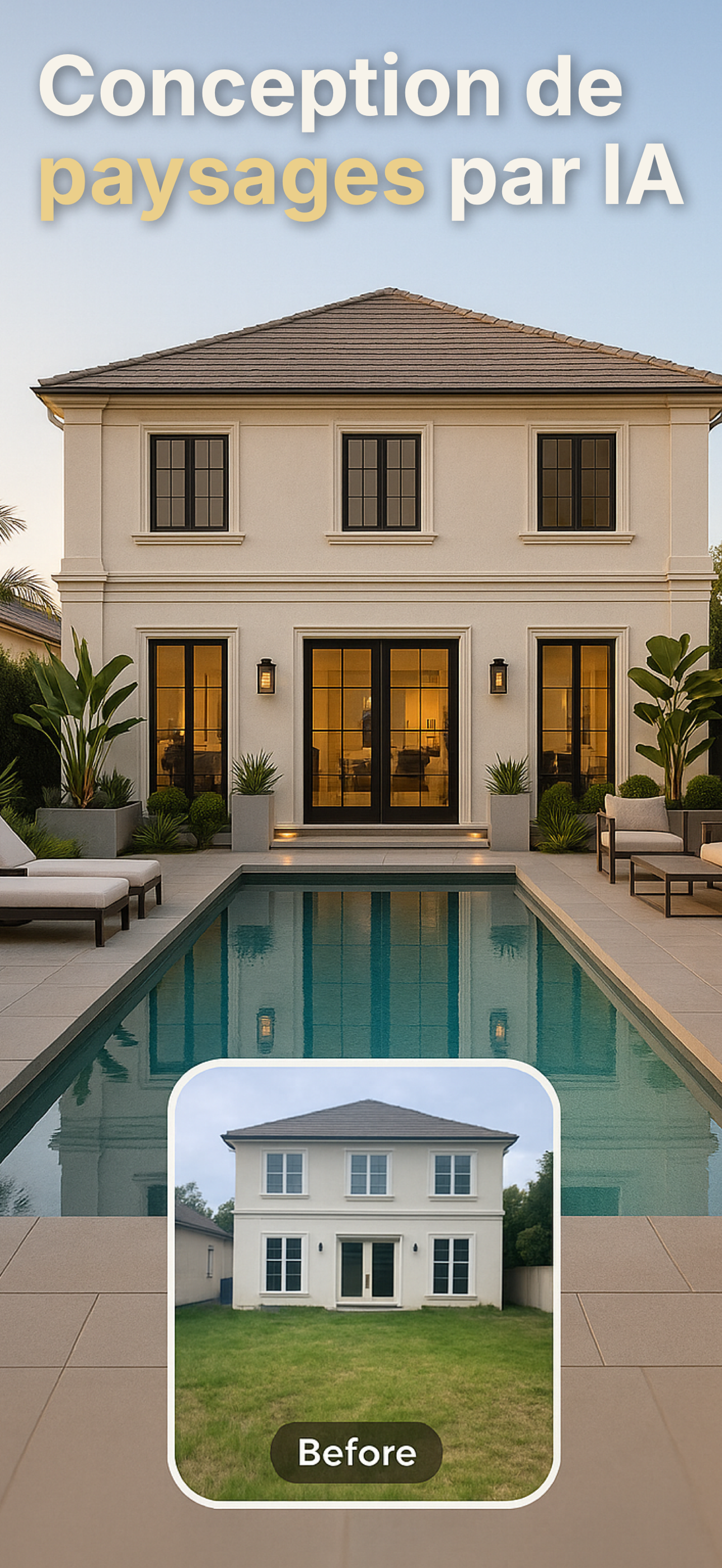Écran d'accueil de l'app AI Landscaping montrant un aperçu de concept extérieur
