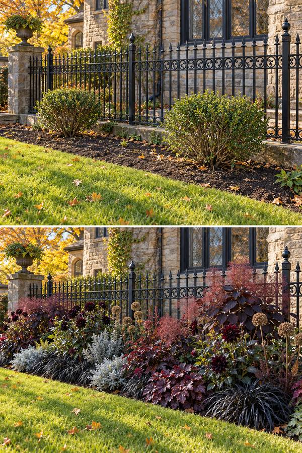 Before and after of the same bed by an iron fence: plain lawn and two boxwoods, then near-black dahlias, purple foliage and silver grasses