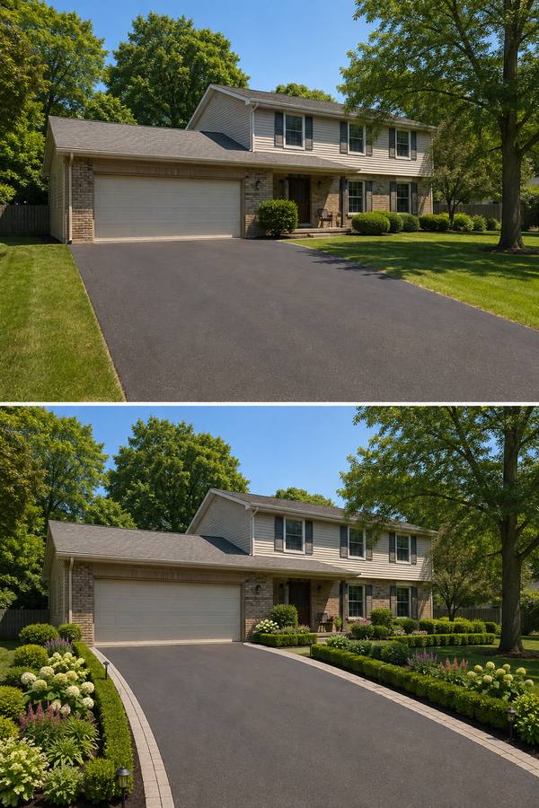 Before and after of a house with a two-car garage: plain asphalt driveway and bare lawn, then paver borders, clipped boxwoods and planted beds along the driveway