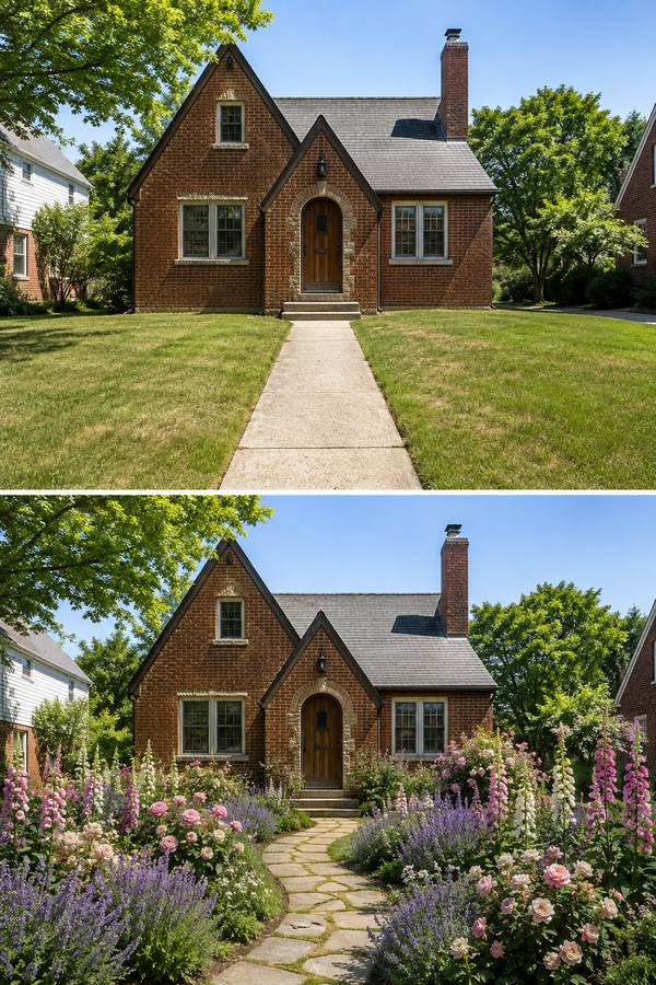 Before and after of a brick house's front yard: a plain lawn split by a straight concrete walk, then cottage borders of roses, lavender and foxgloves along a winding stone path