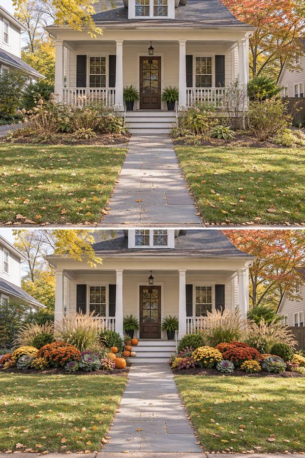 Before and after of a white house's front yard: tired summer beds, then fall planting with mums, ornamental grasses and pumpkins along the walk