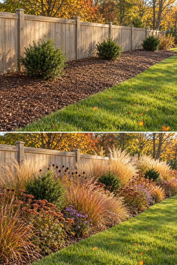 Before and after of the same border along a wood fence: bare mulch and three shrubs, then golden ornamental grasses, sedum and coneflowers in fall