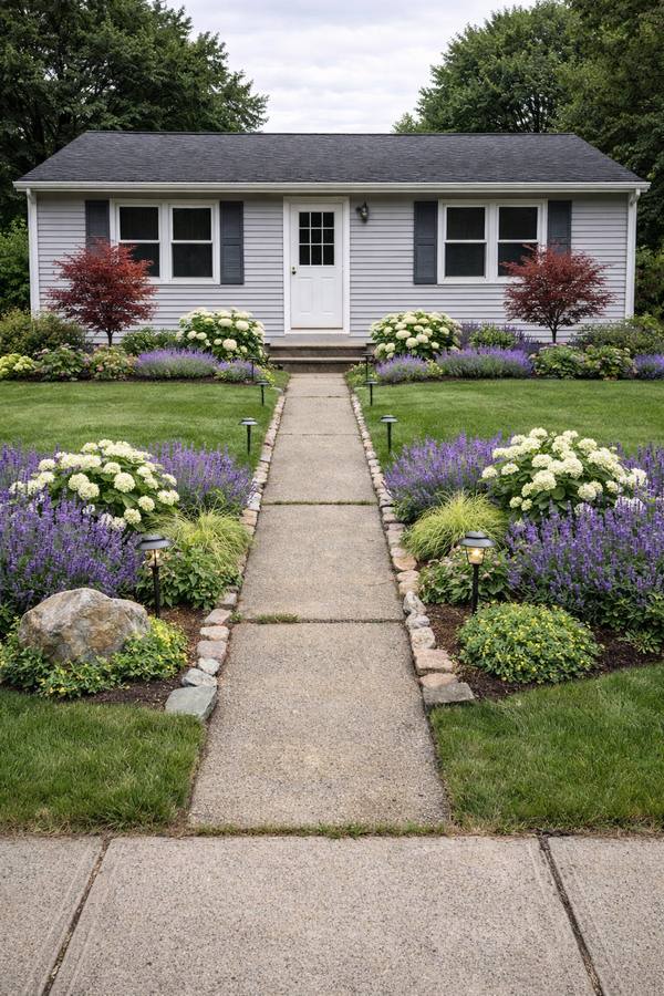 The same house and walk with beds of lavender and white hydrangeas, two red Japanese maples, stone edging and low path lights