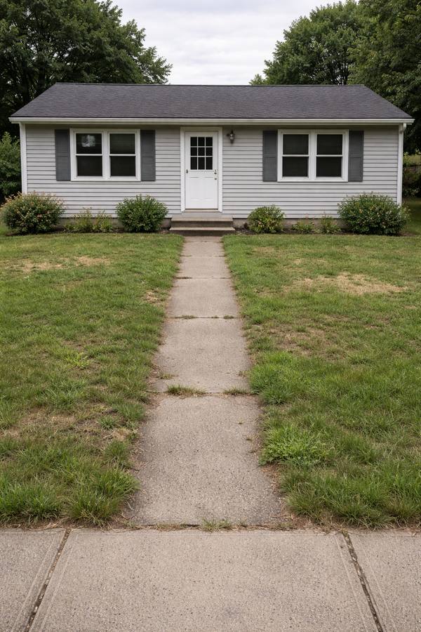 A small gray ranch house with a patchy lawn and a plain concrete walk to the front door