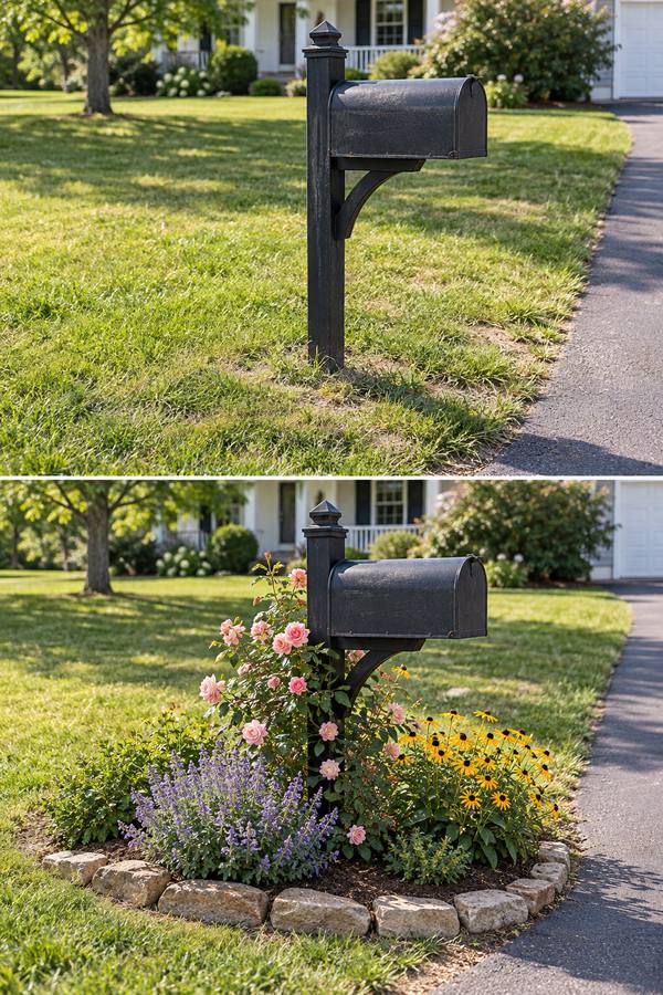 Before and after of a mailbox on a plain lawn by the driveway, then surrounded by a stone-edged bed of roses, catmint and black-eyed Susans