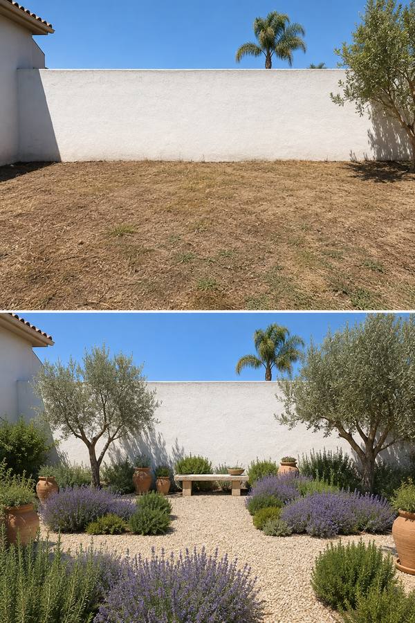 Before and after of a sunny backyard: dry lawn and a blank wall, then a Mediterranean gravel garden with olive trees, lavender and terracotta pots