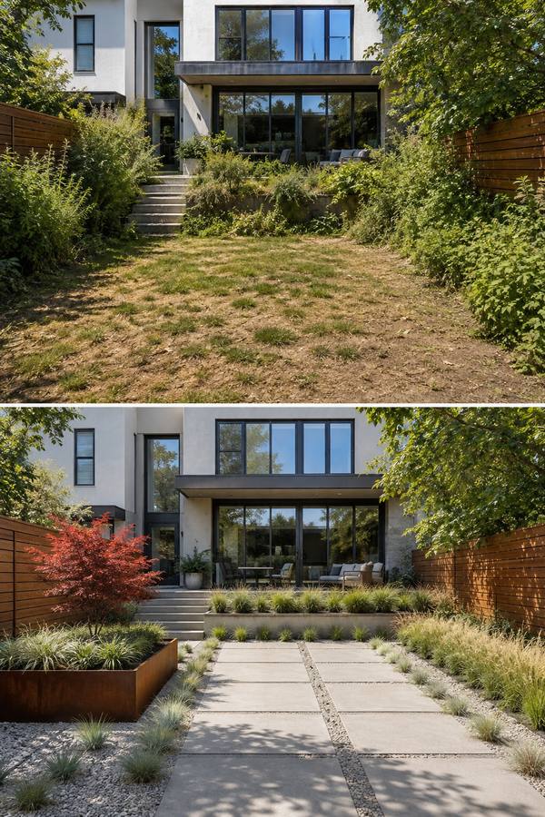 Before and after of a backyard below a modern house: overgrown shrubs and patchy grass, then large concrete pavers, ornamental grasses and a Japanese maple in a steel planter