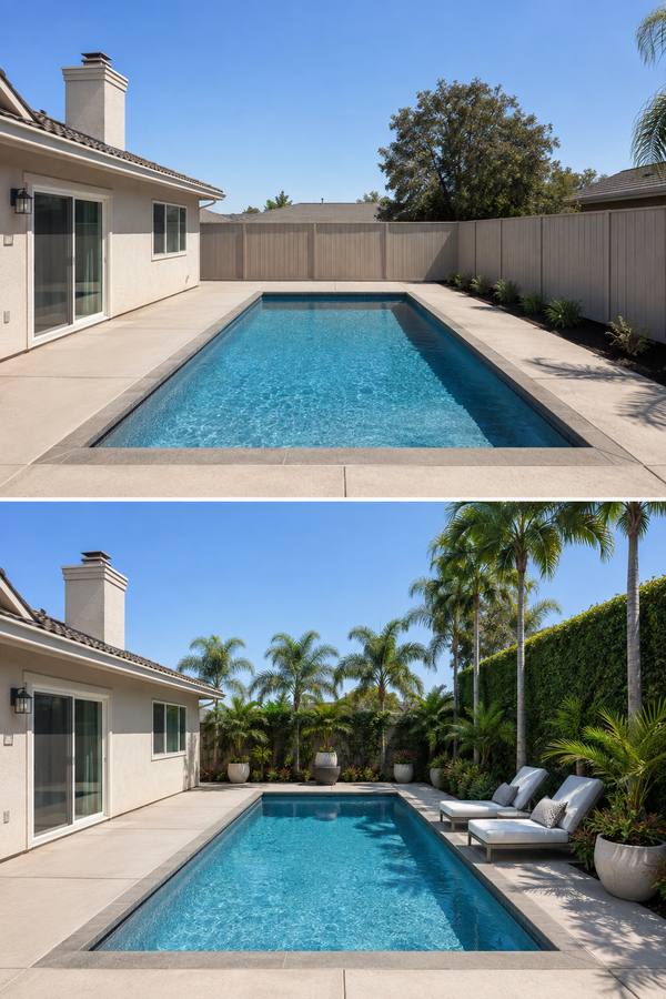 Before and after of a backyard pool: bare concrete deck and a blank fence, then tropical planting, white loungers and a tall privacy hedge