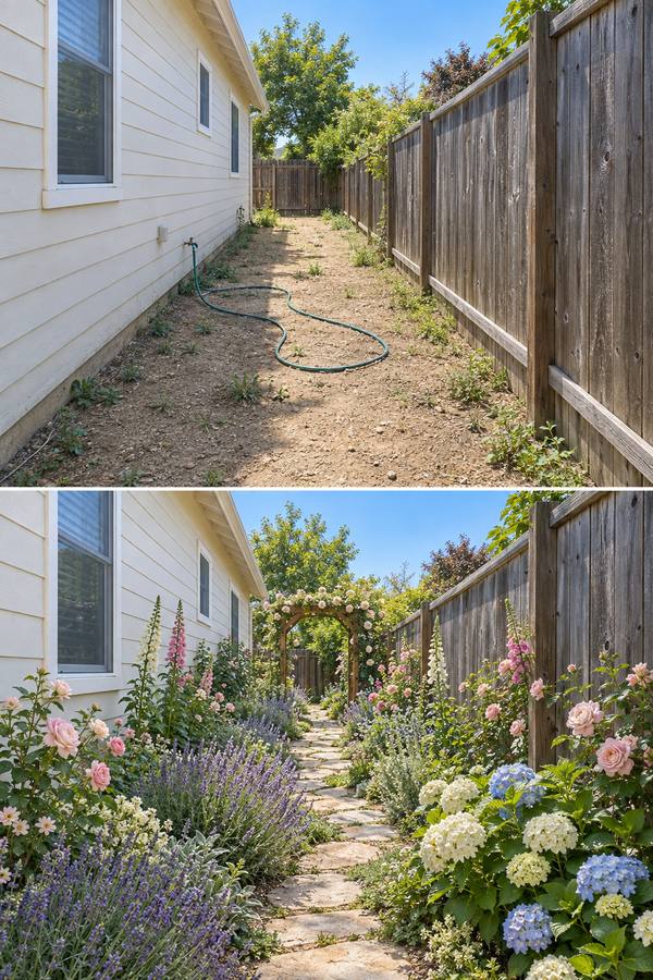 Before and after of a narrow side yard: bare dirt and weeds beside a fence, then a flagstone path lined with lavender, roses and hydrangeas under an arch