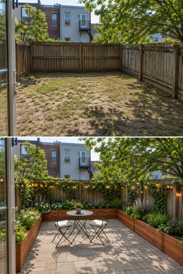 Before and after of a small fenced backyard: bare, patchy grass, then a paved patio with a bistro table, cedar planters along the fence and string lights