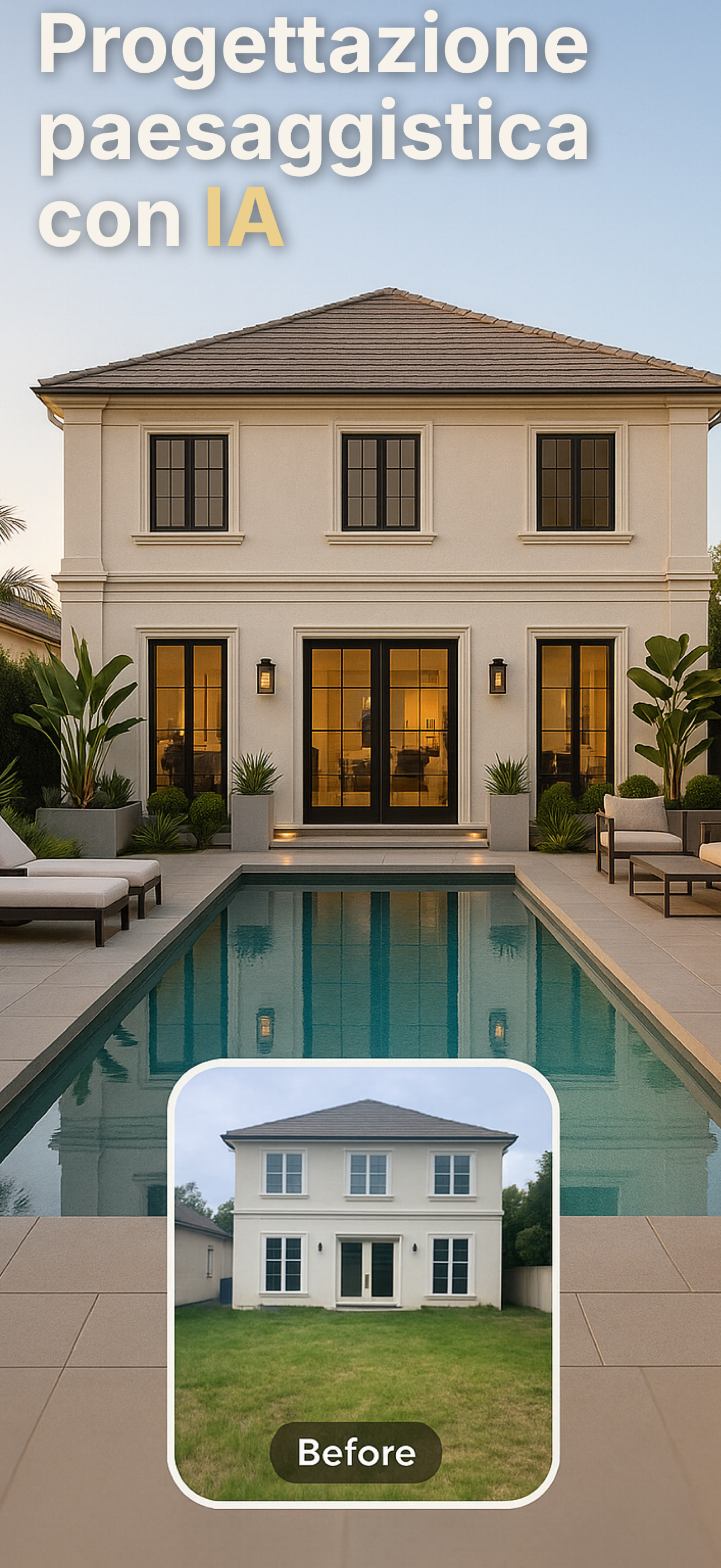 Schermata home di AI Landscaping con anteprima del concept esterno